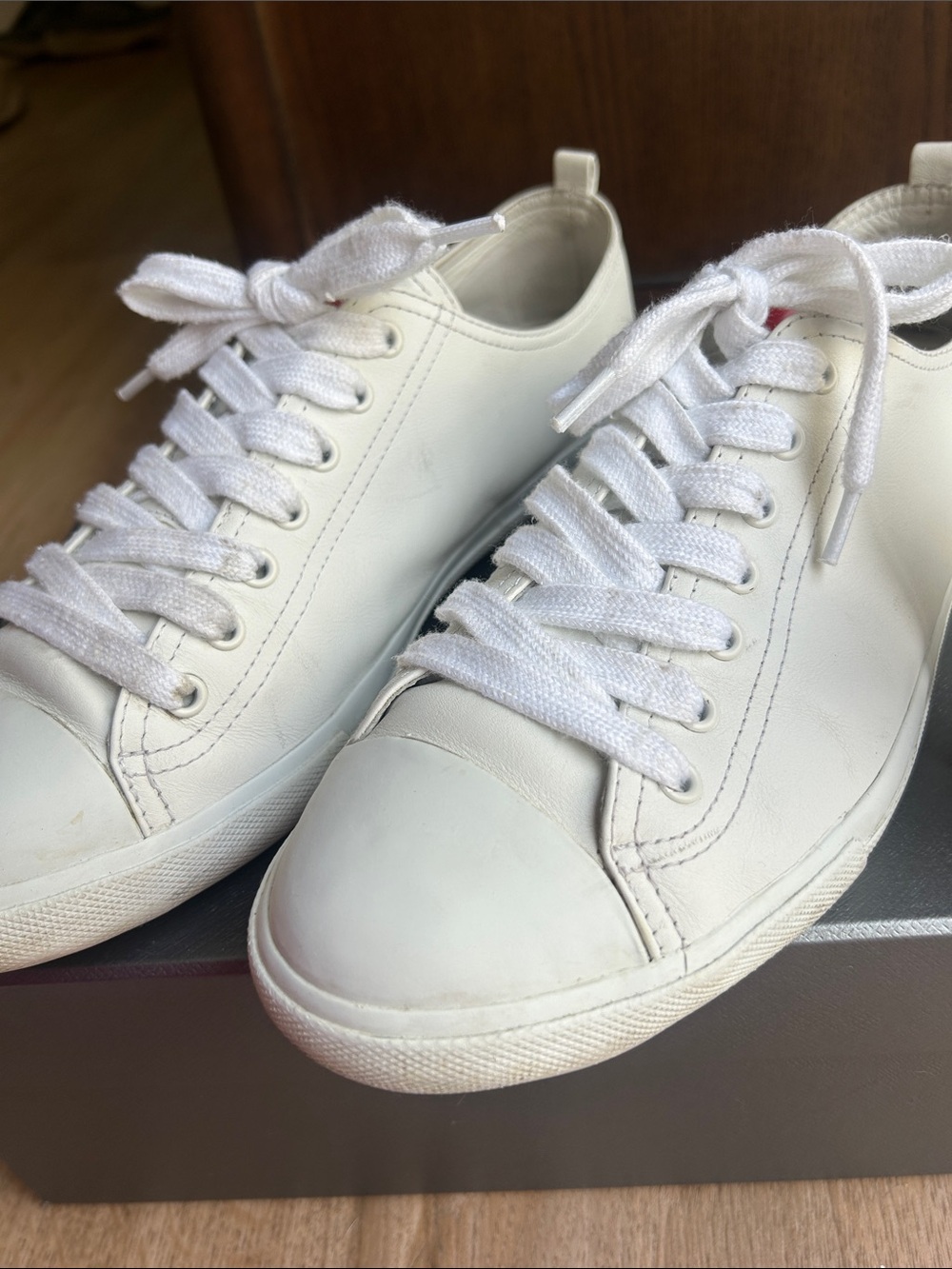 Prada White Leather Sneakers with Red Logo Detail - Picture 3 of 13